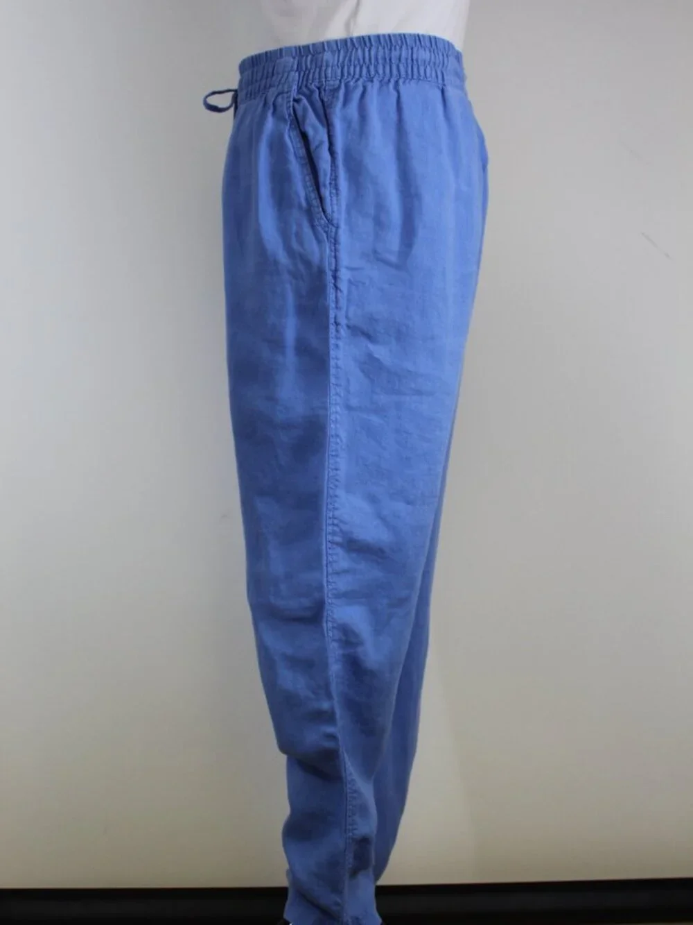 H&M 100% Linen Blue‎ Drawstring Pants Size Small Elastic Waist Wide Leg